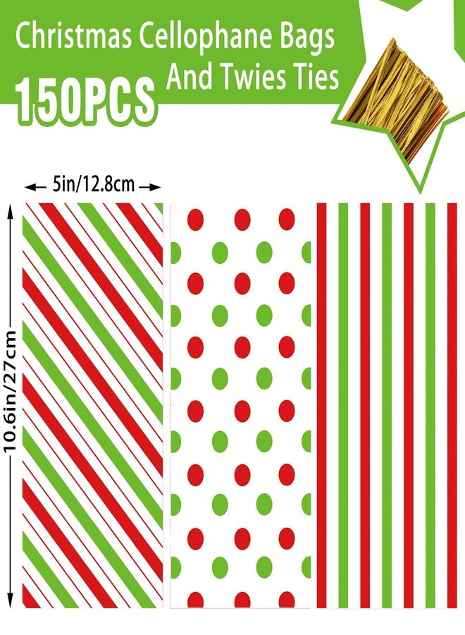 Whaline 150Pcs Christmas Cellophane Treat Bags Red Green Stripes Dots Candy Cookie Treat Bags with Twist Ties Xmas Plastic Goodie Gift Bags for Snack Packing Holiday Party Favors - Image 2